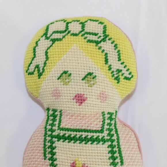 Vintage needlepoint Blonde Doll Floral Figure Pillow Grandma core Rebecca - Picture 3 of 8